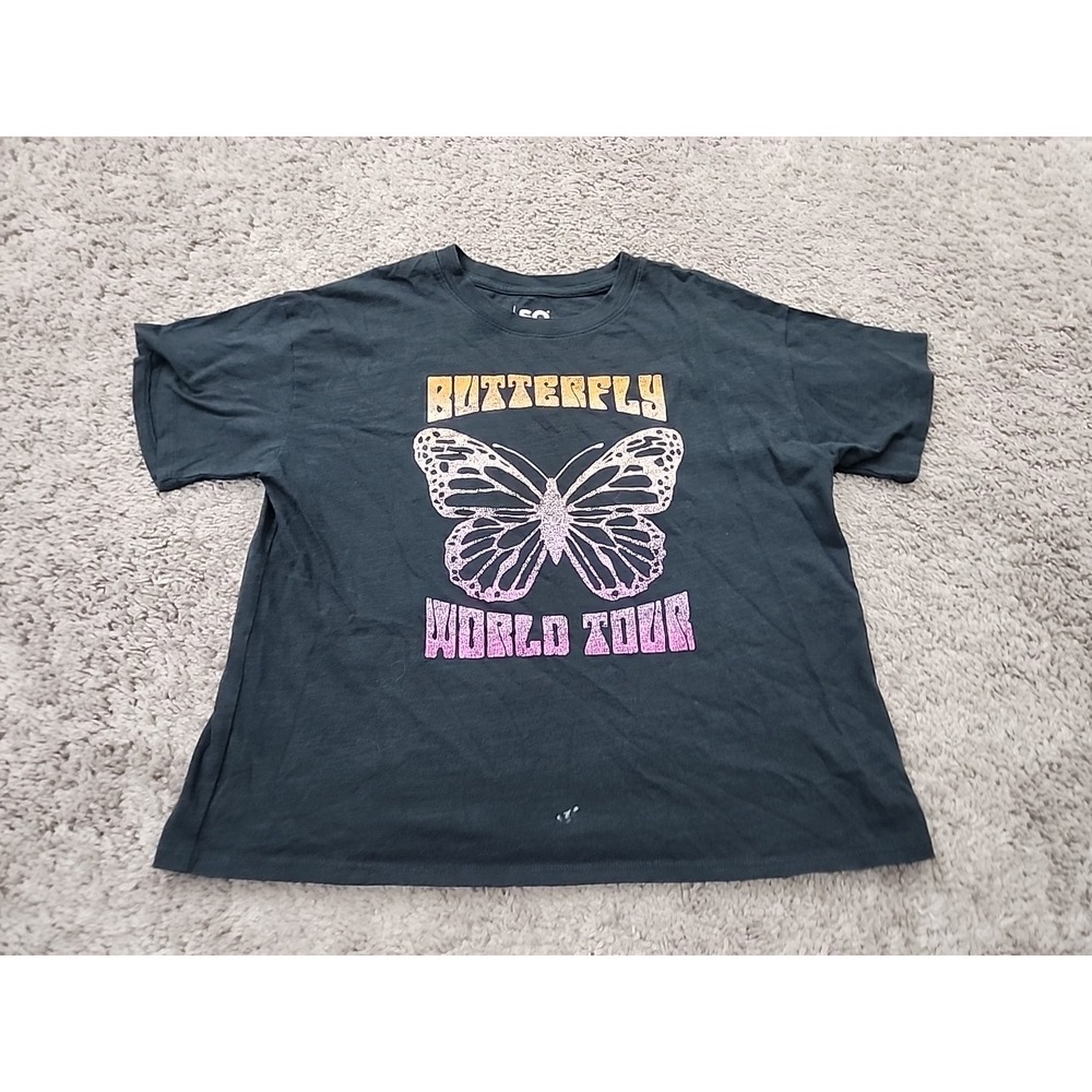 SO Graphic Tee Girls XL 14/16 Black Butterfly World Tour Boxy Short Sleeve Shirt